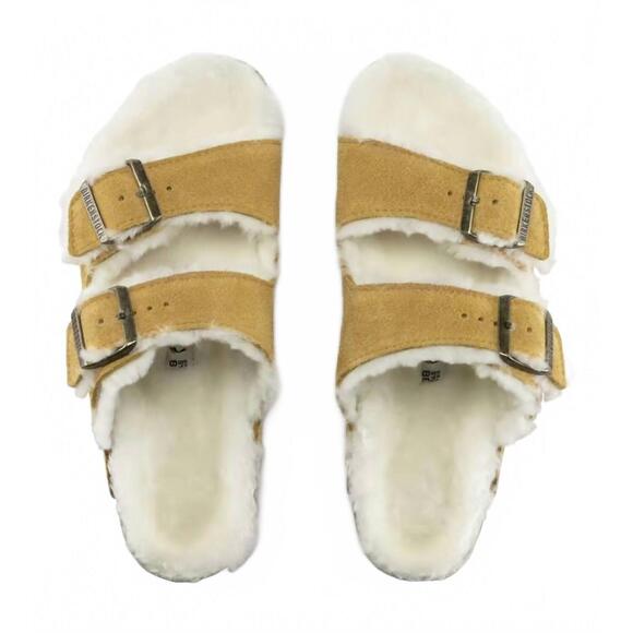 NEW BIRKENSTOCK women's arizona shearling sandal in ochre/beige - Picture 4 of 6